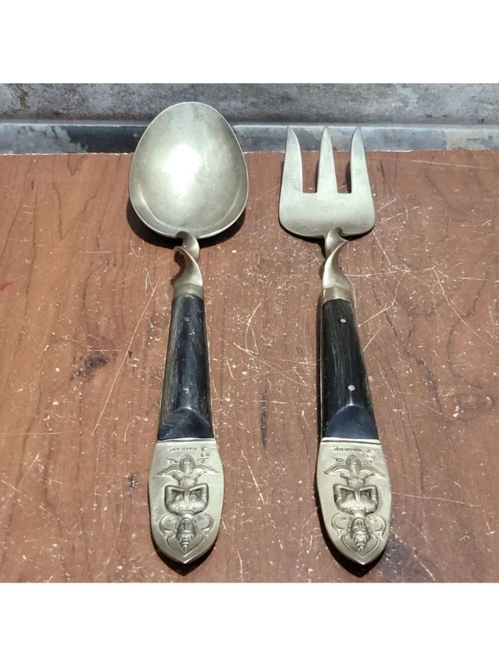 VTG Flatware Salad Servers Brass Bronze Thai Dancer Buddha Motif Stamped S Thail